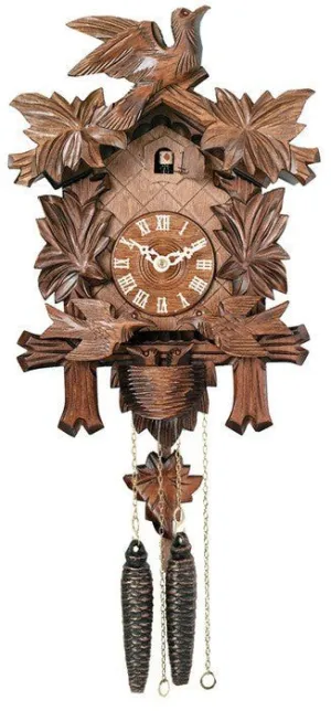 13" Carved Maple Leaves & Moving Birds One Day German Cuckoo Clock