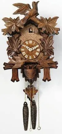 13" Carved Maple Leaves & Moving Birds One Day German Cuckoo Clock