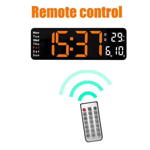 13" Orange Large Digital LED Wall Clock | Temperature Calendar Display