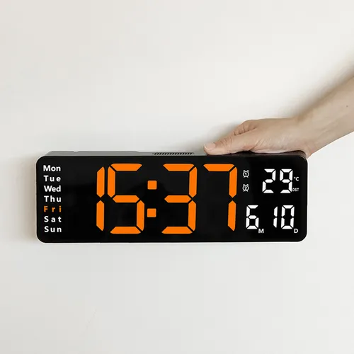 13" Orange Large Digital LED Wall Clock | Temperature Calendar Display