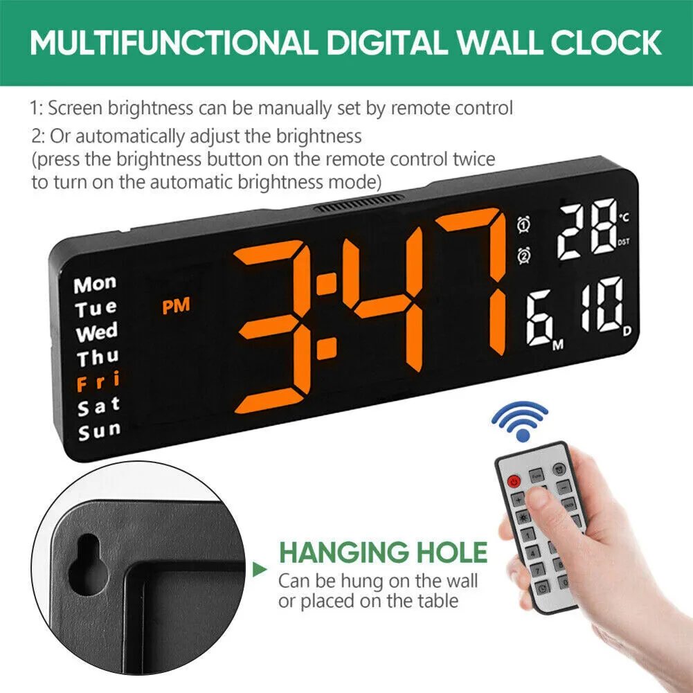 13" Orange Large Digital LED Wall Clock | Temperature Calendar Display