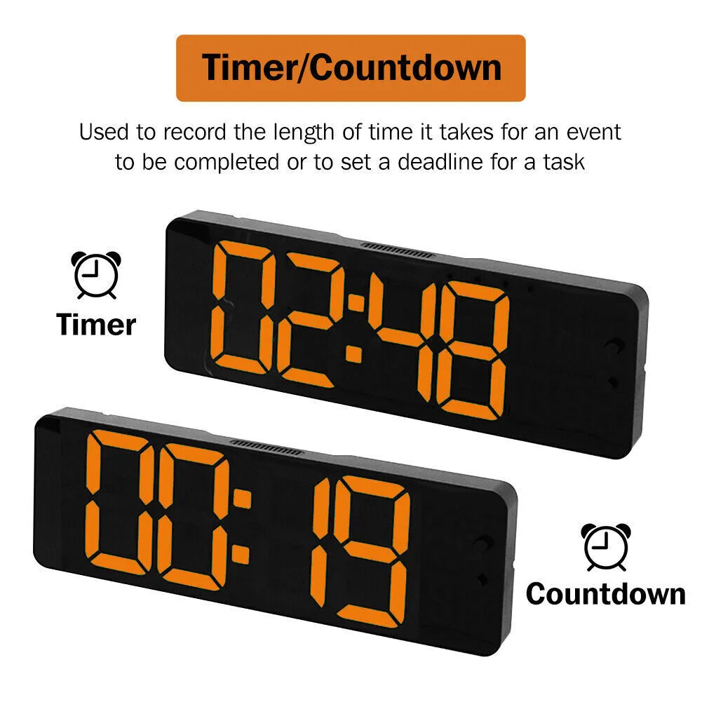 13" Orange Large Digital LED Wall Clock | Temperature Calendar Display
