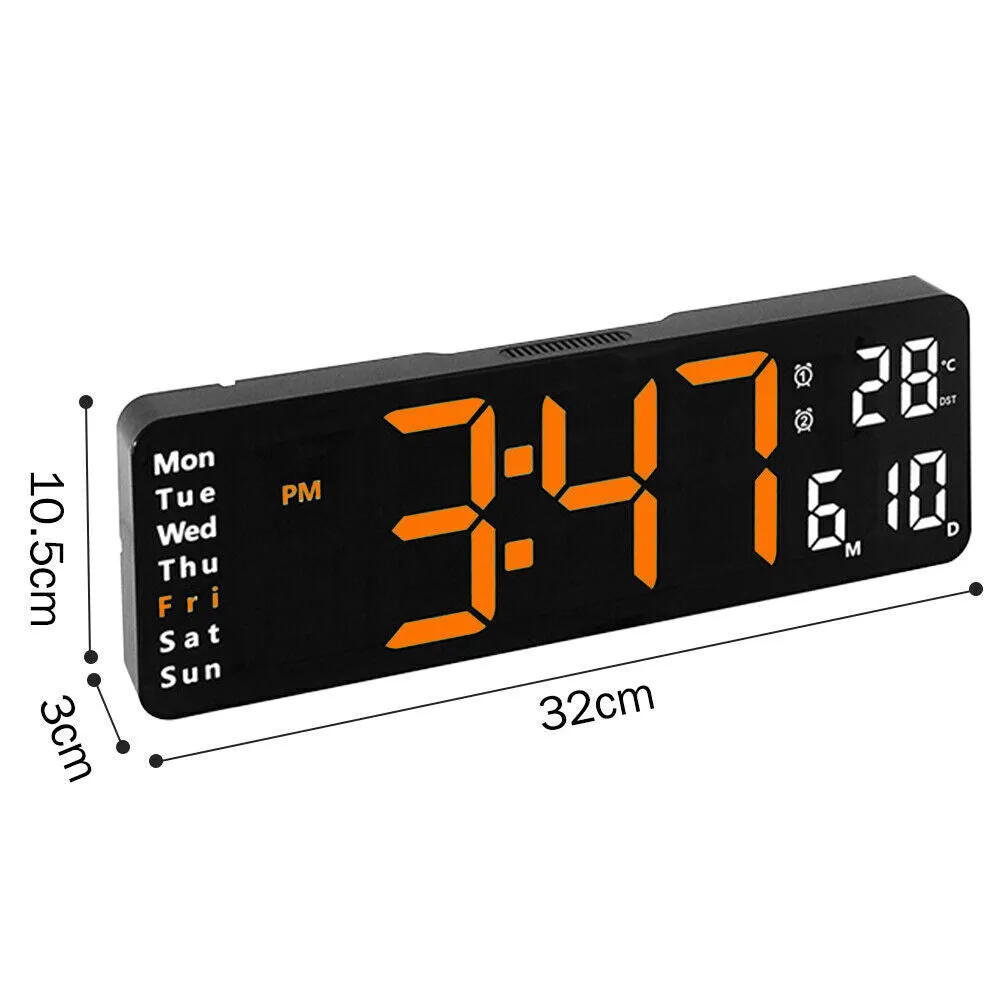 13" Orange Large Digital LED Wall Clock | Temperature Calendar Display