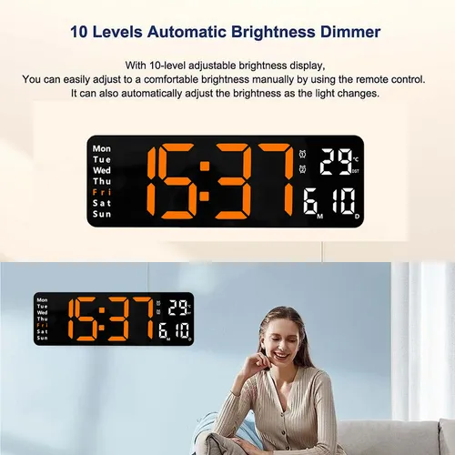 13" Orange Large Digital LED Wall Clock | Temperature Calendar Display
