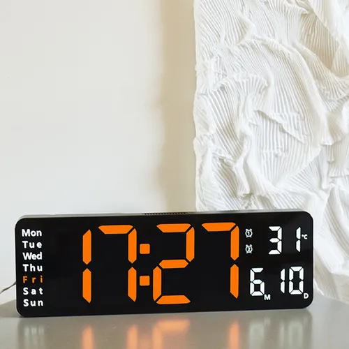 13" Orange Large Digital LED Wall Clock | Temperature Calendar Display