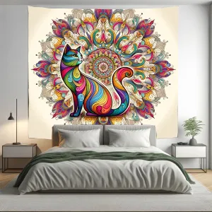 Bohemian Cat Indian Mandala Tapestry Psychedelic Wall Hanging Boho Decor