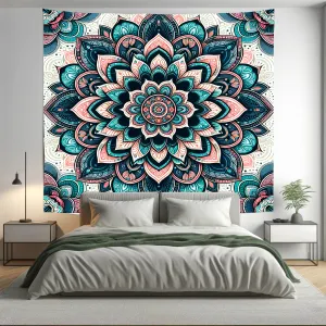 Bohemian Teal Pink Dotted Mandala Tapestry Psychedelic Wall Hanging Boho Decor
