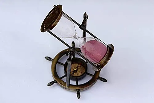 Handcrafted Hourglass Black Brass Sand Timer Antique Finish Nautical Pink Sand Timer with Wheel Compass Base for Home & Office Desk Decor (5min)