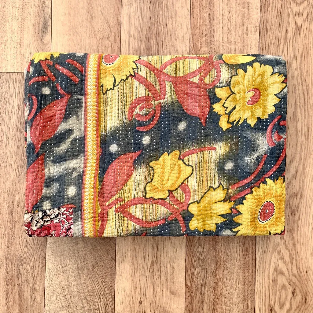 Indian Handmade Reversible Vintage Kantha Quilt Bedspread Chitra
