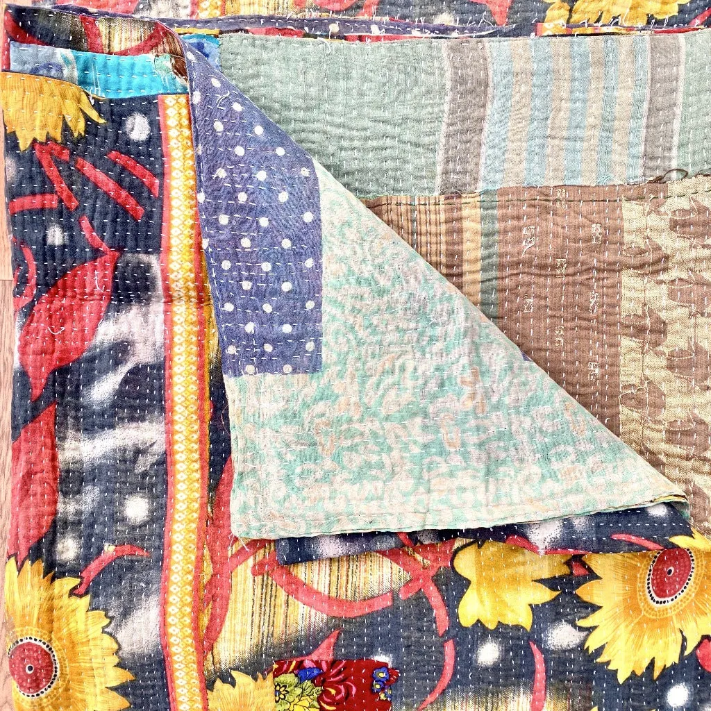 Indian Handmade Reversible Vintage Kantha Quilt Bedspread Chitra