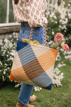 Raffia Square Shopper in Navy/Orange