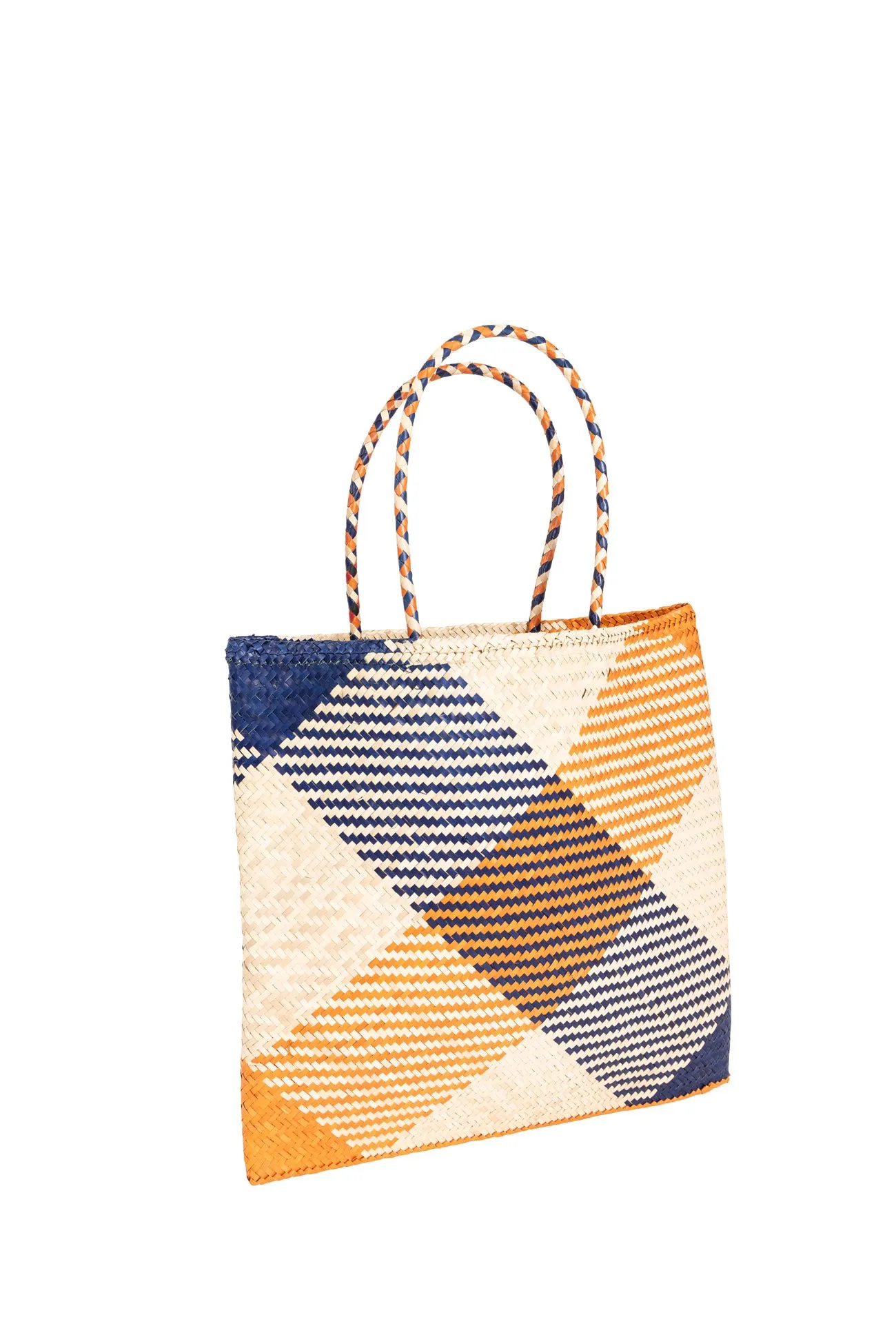 Raffia Square Shopper in Navy/Orange