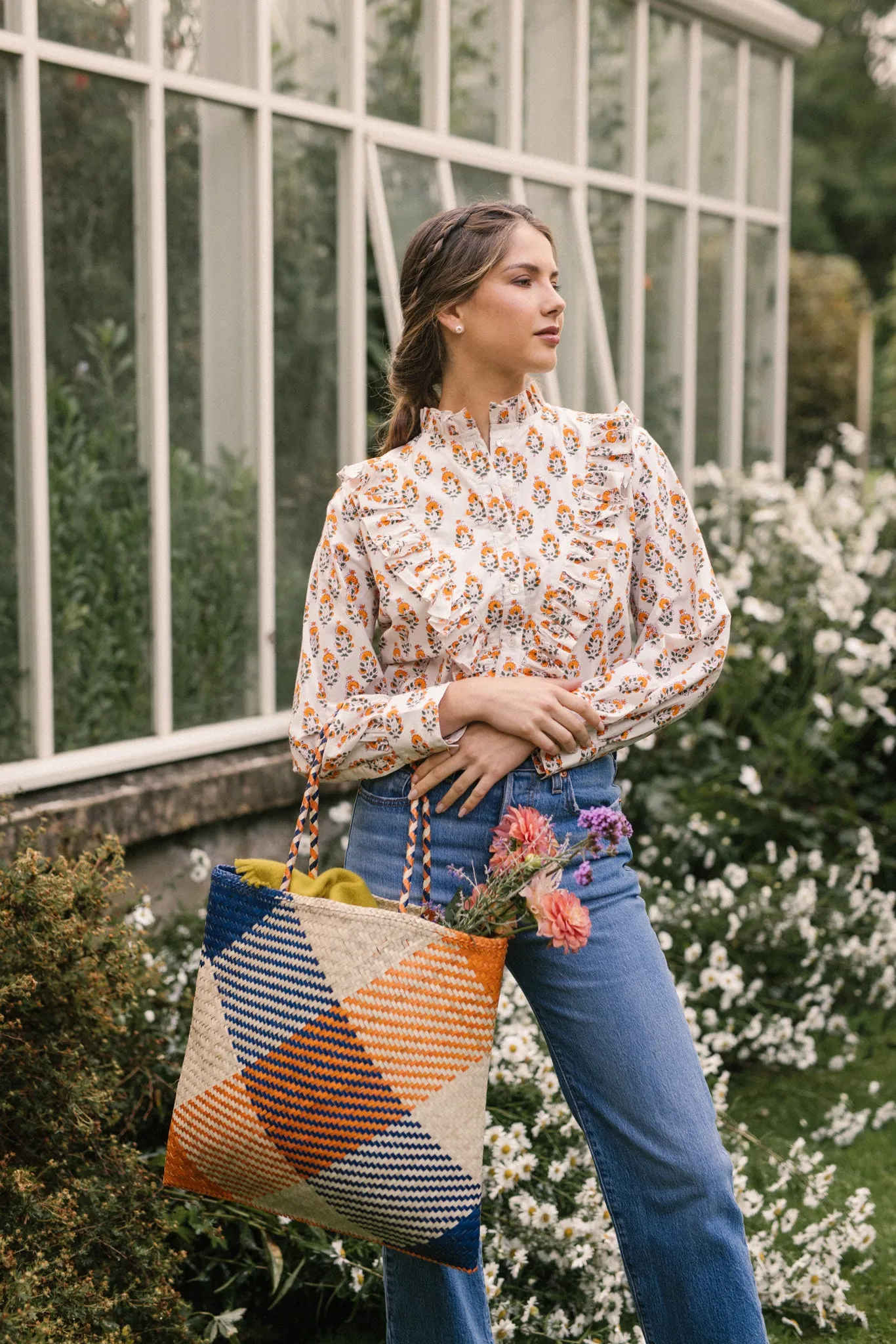 Raffia Square Shopper in Navy/Orange