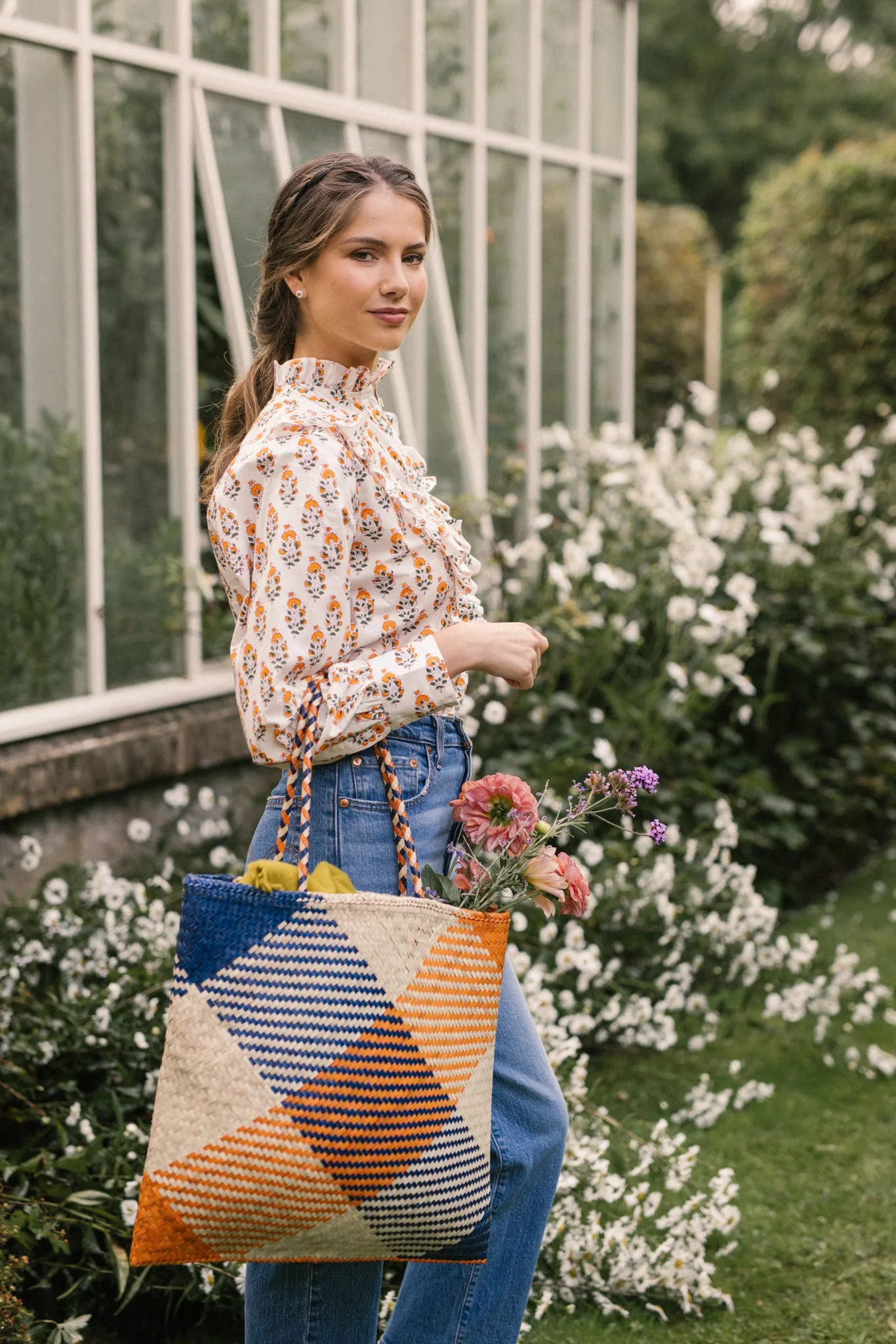 Raffia Square Shopper in Navy/Orange