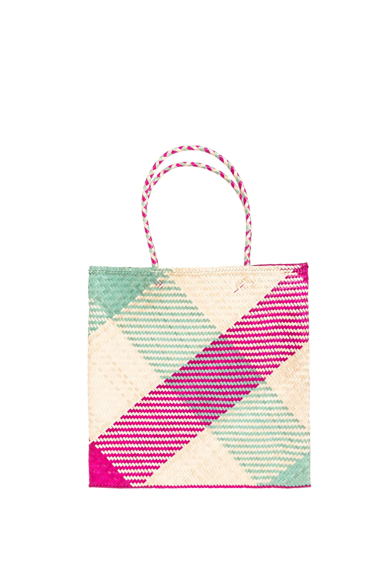 Raffia Square Shopper in Pink/Aqua