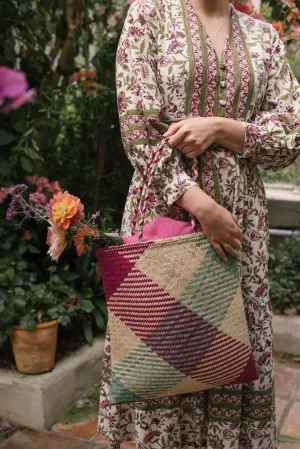 Raffia Square Shopper in Pink/Aqua