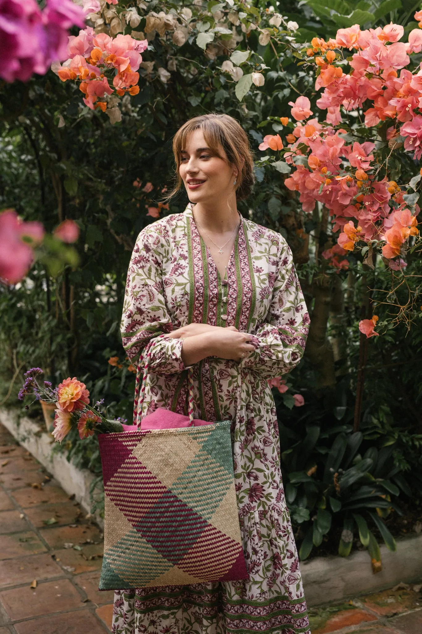 Raffia Square Shopper in Pink/Aqua