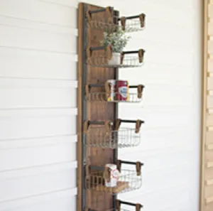 Recycled Wood & Metal Wall Rack W Six Wire Storage Baskets
