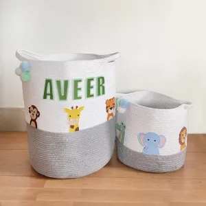 Safari Animals - Grey Rope Personalised Storage Basket - Set of 2