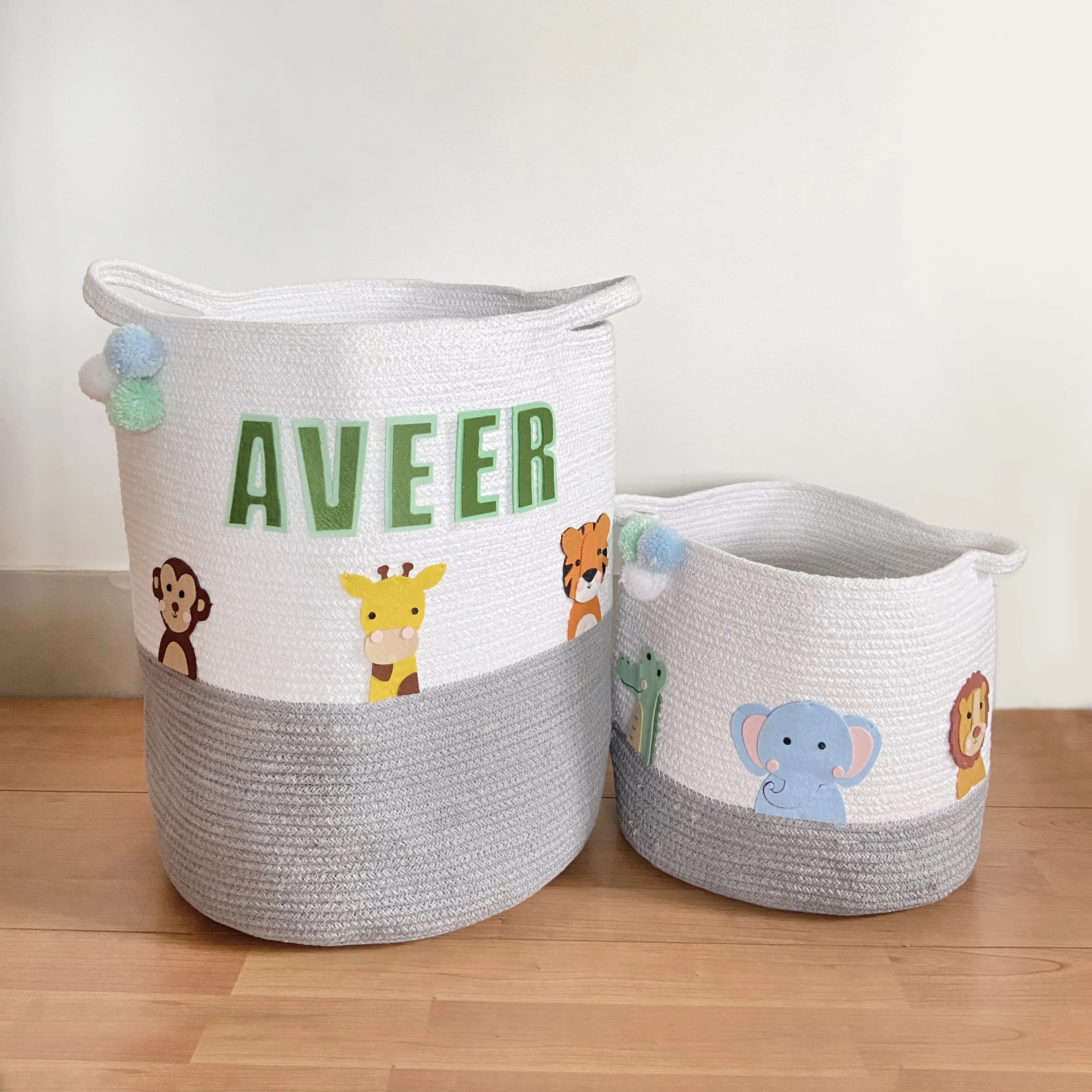 Safari Animals - Grey Rope Personalised Storage Basket - Set of 2