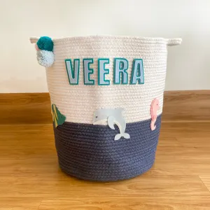 SEA CREATURES - NAVY ROPE PERSONALISED STORAGE BASKET