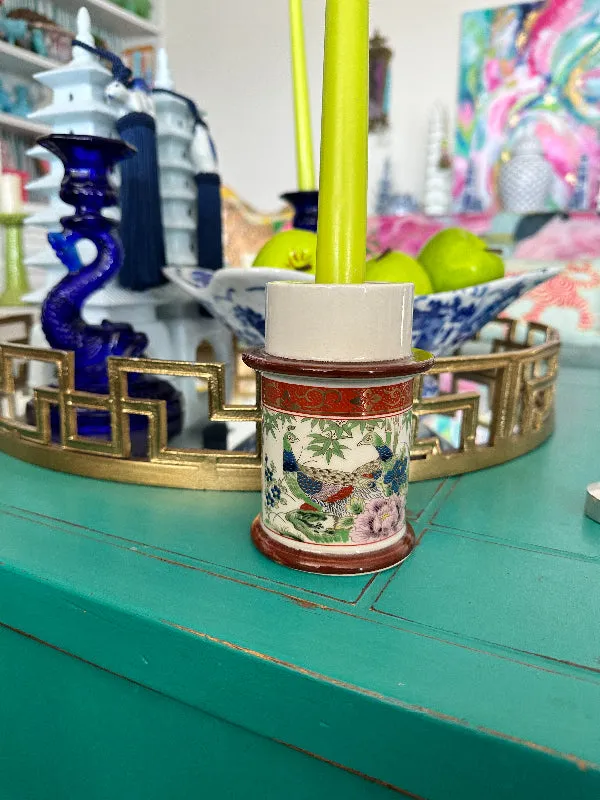 Vintage Candle Holder Chinoiserie, Peacock Motif
