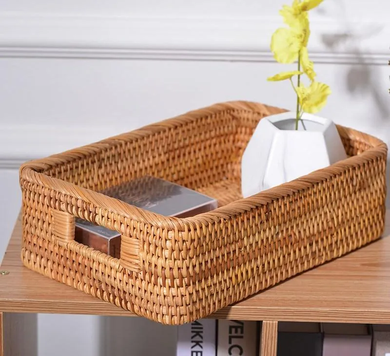 Woven Rectangular Basket with Handle, Rattan Storage Basket for Shelves, Woven Storage Baskets for Bathroom